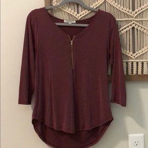 Green Envelope Burgundy 3/4 Sleeve Zip Front Top